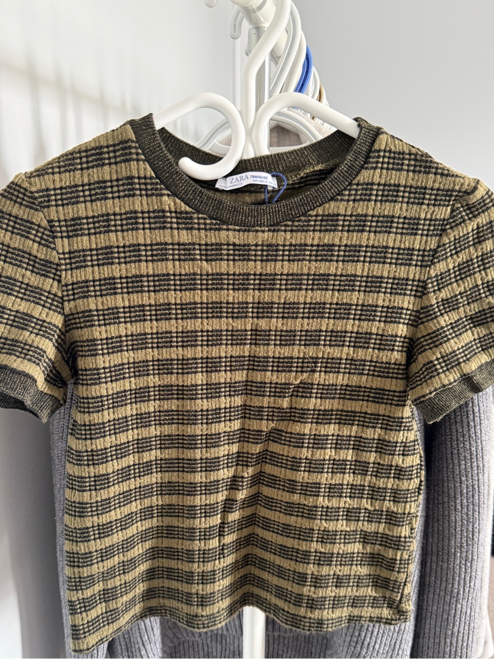 Zara Womens Olive Green Plaid Ribbed Short Sleeve Top